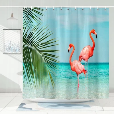 Beach Shower Curtain with Flamingo Blue Teal Sea Pink Flamingo Bath Curtain T... - Image 1 of 4