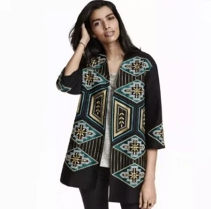 H&M Beaded Aztec Tribal Southwest Open Front 3/4 Sleeves Womens 4 Blazer New - Picture 1 of 16