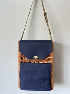 Picnic Time Inc Insulated Wine & Cheese Tote Corsica Basket Navy Wicker Gift - Picture 1 of 8