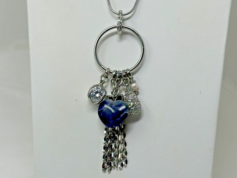 WHBM Casa Blanca Mercado Negro Tono Plateado Gema Azul Corazón Dije Borla Collar Foto 1 de 4