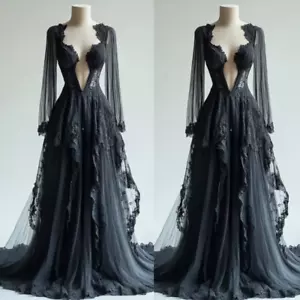Gothic Black Long Sleeves Wedding Dresses V Neck Lace Appliques Bridal Gowns - Picture 1 of 9