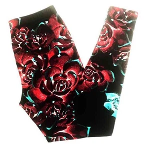 NWT Buttery SOFT Gorgeous Floral Leggings One Size S M L Black Teal Red Roses OS - Picture 1 of 3