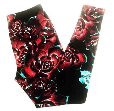 NWT Buttery SOFT Gorgeous Floral Leggings One Size S M L Black Teal Red Roses OS Foto 1 de 3