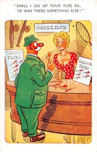 POSTKARTE COMIC GEWAGTER ANGELLADEN HERRENDAME ASSISTANT BRÜSTE FLIEGEN - Bild 1 von 2