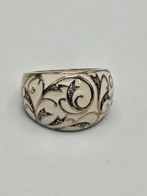 Sterling Silver Scroll Ivory Enamel Clear CZ Dome Ring Size 6 Signed ZRW - Image 1 of 4