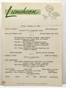 1964 Gulf & Bay Club of Sarasota Florida Luncheon Menu Cartoon Pelican C2 - Picture 1 of 2
