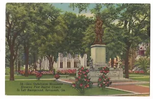 GEN OGLETHORPE MONUMENT First Baptist Church Savannah Georgia Postcard GA Linen - Picture 1 of 2