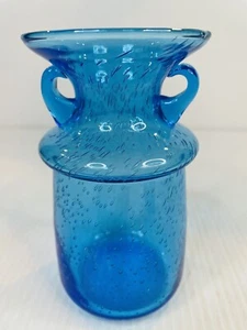 Vintage Kunst Glas Blase Samen Vase Glas Doppelgriff 5" blau breit Mund - Bild 1 von 8