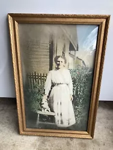 Antique Convex Bubble Glass Picture Frame Wood Woman & Dog Outside Photo 12x18” - Picture 1 of 3