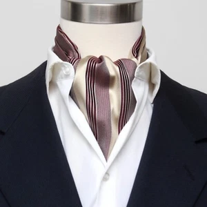 Mens Cravat Ascot Champagne Maroon Stripe 100%Silk A232 Wedding tie Gift Box - Picture 1 of 8
