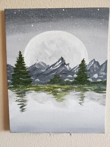 Handmade Painting Acrylic Art Panel 10x8x1/16in Decor Night Moon Mountains Lake - Picture 1 of 8