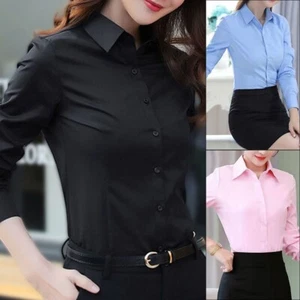 Ladies' Business Button Solid Work Tops Long Sleeve Blouse Office Lady - Picture 1 of 22