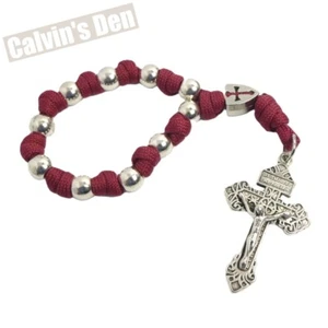 One Decade Burgundy-Red Paracord Pocket Rosary Metal Bead Crucifix Cross Gift - Picture 1 of 5
