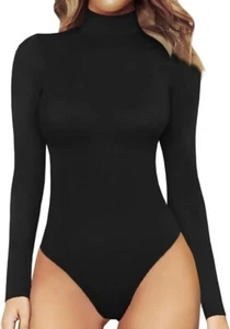 MANGOPOP Women's Mock Turtle Neck Long Sleeve Tops Bodysuit Jumpsuit - Black / L - Picture 1 of 6