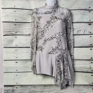 Costume danza Weissman LA argento paillettes pizzo asimmetrico manica lunga body st - Foto 1 di 13