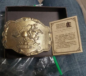 Vintage Pony Express 1902 Since 1852 Brass Belt Buckle Western Theme 3.75x3 - Picture 1 of 12