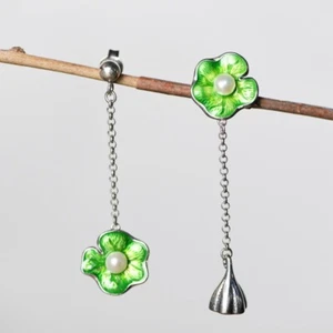 I05 Cloisonne Orecchini Verde Foglia Loto Bianco Dolce Perla Argento 925 Fiore - Foto 1 di 7