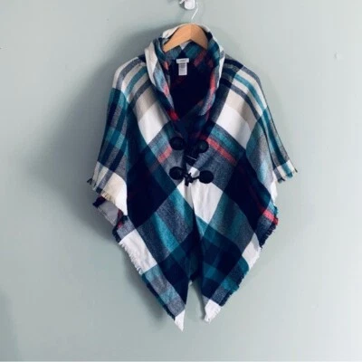 Mixit Suéter Chal Ponche Encogerse de hombros Botones Cuadros Talla Única Foto 1 de 4