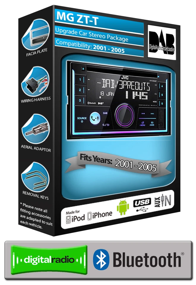 MG Zt-t Auto Stereo, JVC CD USB Ingresso Aux Radio DAB Bluetooth Kit - Immagine 1 di 4