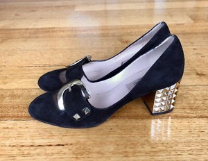 Valentino Garavani Black Suede Round Toe Pumps W/ Gold Rockstud Heel, Size 36 - Picture 1 of 6