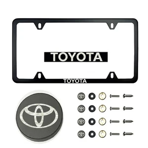 Fit Toyota Laser Etching Stainless Steel Polish Black Slim License Frame w/Cap - Picture 1 of 7