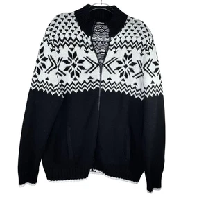 Express Sweater Mens Large Black White Full Zip Fair Isle Nordic Knit Winter - Picture 1 of 12
