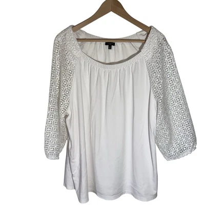 Camiseta Talbots Blanca Encaje Mangas 3/4 Largo Talla 2X Escote Redondo Reunido Foto 1 de 4