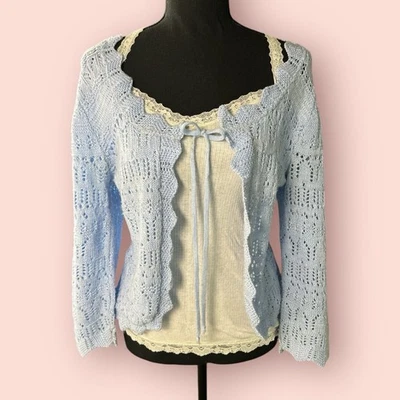 Vtg Y2K Sz Small Sweater Cardigan Open Knit Coquette Baby Blue Tie Front Cottage - Image 1 of 3