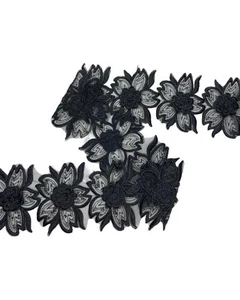 55 Cm Passamaneria Pizzo Rebrodè Organza Ricamo Nero Filo Lurex Fiore Ritagliabi - Imagen 1 de 4