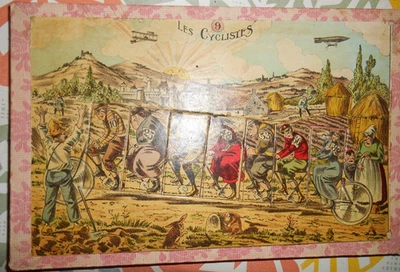 jeu jouet ancien loto du rire carton chromo complet jeton XIX les cyclistes rare - Photo 1/2