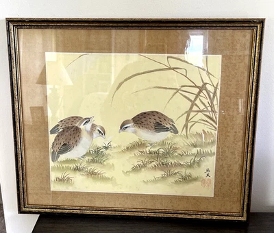 BLOQUE DE MADERA JAPONÉS enmarcado de colección firmado por artista con tela de seda para pintura de pájaros Foto 1 de 4