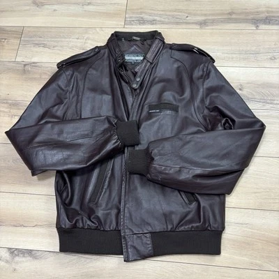 复古 Members Only 飞行员夹克男式 46L 码深棕色 100% 皮革外套 — 第 1/4 张图片