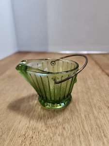 Vintage Miniature Green Depression Glass Coal Bucket Ashtray w Handle - Picture 1 of 9