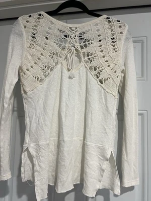 Free People Knit Detail Thermal Lone Sleeve Cream Cotton Linen Blend Sz XS - Image 1 of 4