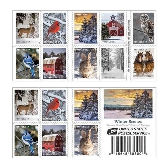 2020 USPS SHEET OF 20 FIRST CLASS LETTER STAMPS WINTER SCENES CHRISTMAS 78¢