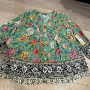 Figueroa & Flower Damen Blumen Grün Bauern Top mit Bordüre Detail Large Neu - Bild 1 von 8