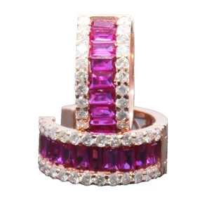1.84ct Natural Round Diamond 14K Rose Gold Ruby Anniversary Hoops Earrings - Picture 1 of 16