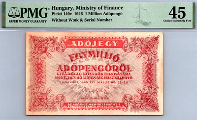 Hungary 1 Million Adopengo 1946 PMG CHOICE EXTREMELY FINE Pick # 140c - Image 1 of 3