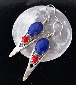 Gemstone Earrings Long Filigree Petals Lapis Blue Howlite & Coral Silver Plated