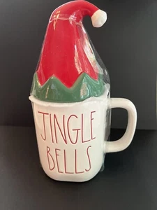 Rae Dunn  Christmas Jingle Bells  Mug With Santa Hat Topper New White Xmas - Picture 1 of 2