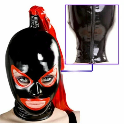 Latex Hood with Red Latex Wig Open Eyes and Mouth Rubber Mask Cosplay Club Wear  - Image 1 of 3