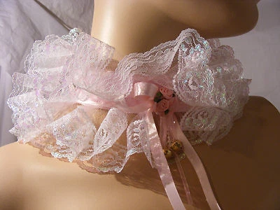 SISSY ADULT BABY PINK LACE COLLAR CHOKER DDLG LOLITA FANCY DRESS OPTIONAL BELLS  - Image 1 of 4