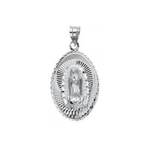 14K Solid White Gold Virgin Mary Oval Medal Pendant - Guadalupe Necklace Charm - Picture 1 of 4