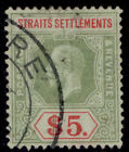 Malaysia - Straits Gv Sg212, $5 Green & Red/Green White Back, Used. Cat £75.