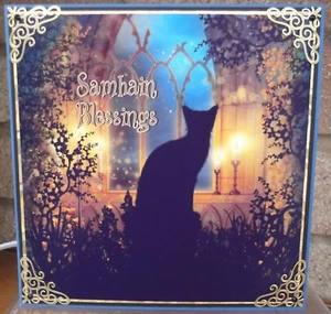 HANDMADE PERSONALISED PAGAN GOTHIC SAMHAIN HALLOWEEN CARD A BLACK CAT & CANDLES - Picture 1 of 3