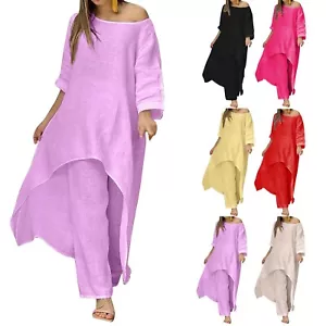 Women Two Piece Outfits Irregular Split Long Sleeve Cotton Linen Tops Long Pants - Picture 1 of 42