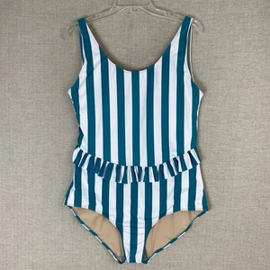 Kortni Jeane Swimsuit Skirted One Piece Teal Stripes Plus 2XL Tank Swimwear - Picture 1 of 8