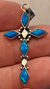 NATIVE AMERICAN Sterling Silver Blue Opals Cross Pendant Handmade LC - Picture 1 of 5