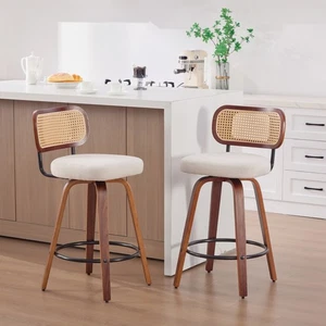 2 Set Swivel Bar Stools LInen Fabric 26" Height Barstools Rattan Back Wood Legs - Picture 1 of 23