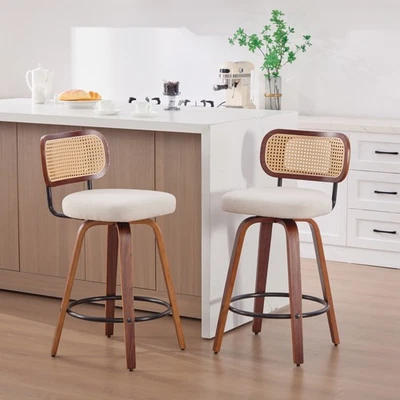2 Set Swivel Bar Stools LInen Fabric 26" Height Barstools Rattan Back Wood Legs - Image 1 of 4